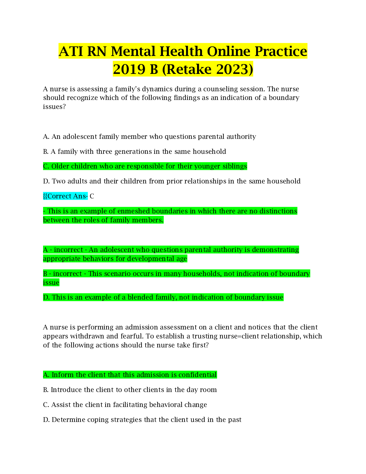 ATI RN Mental Health Online Practice 2019 B